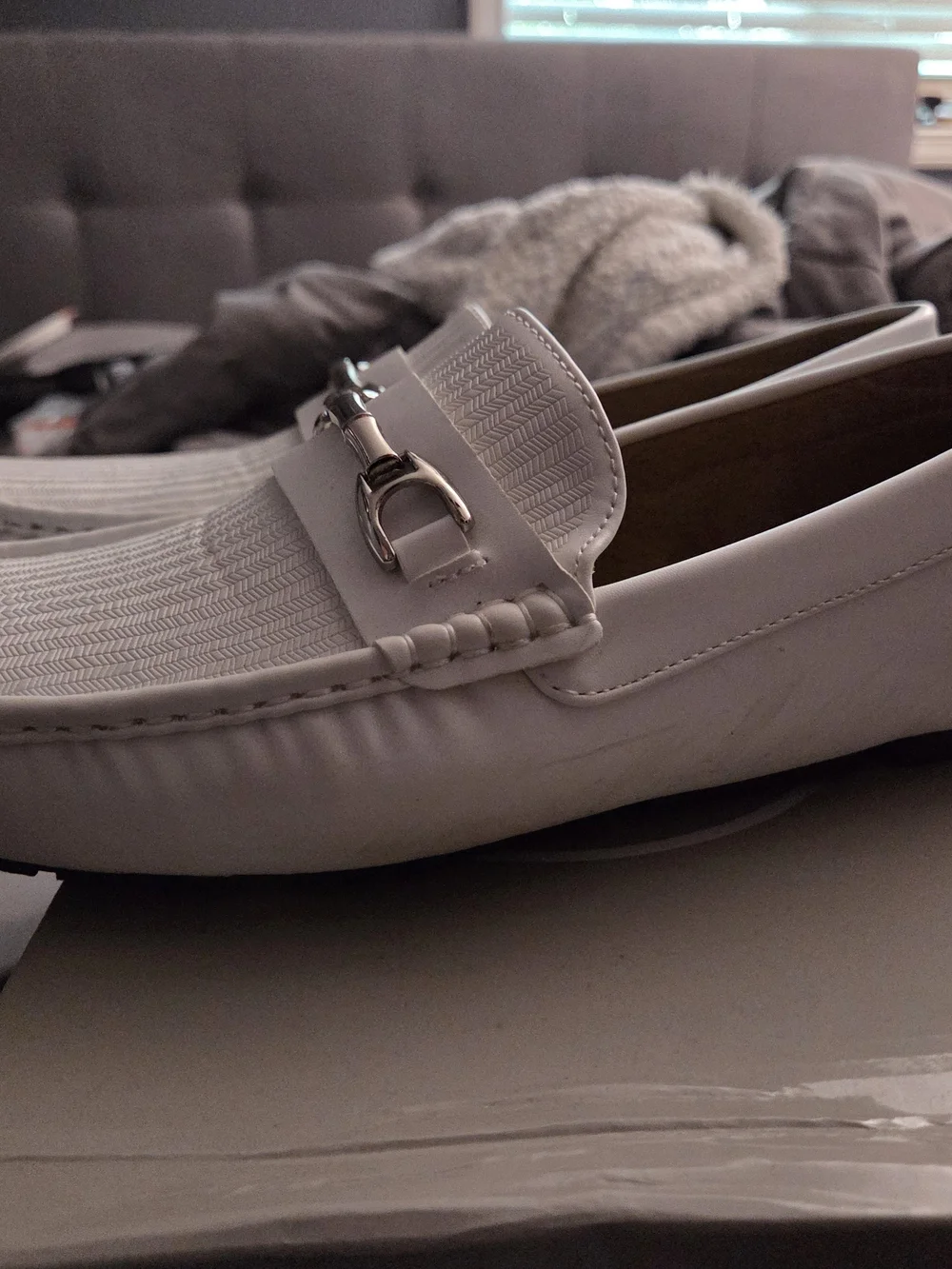 Men's White Slip-On Driving Loafers with Metal Bit